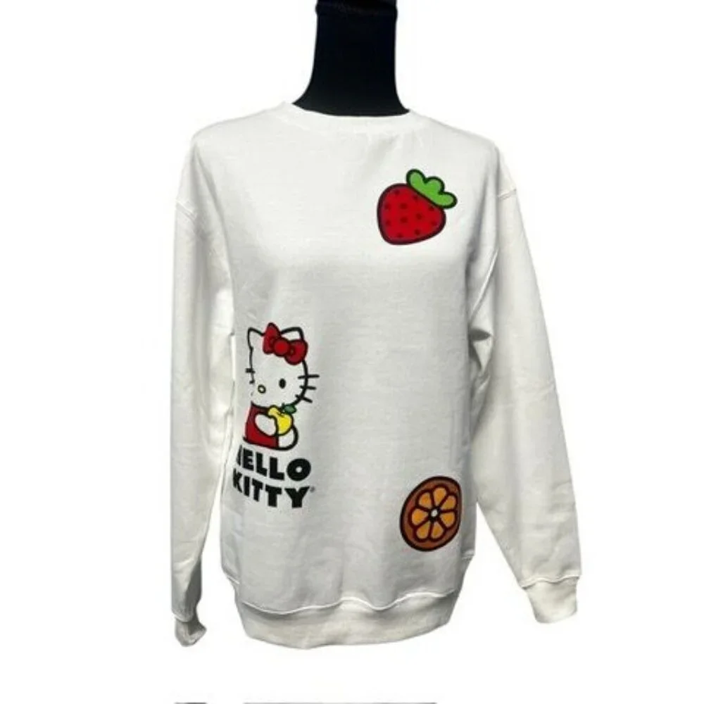 HELLO KITTY CREWNECK SWEATSHIRT WOMEN XS WHITE PREPPY LIGHT SWEATER RELAX